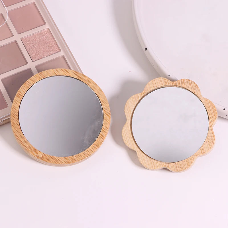 Hand-held Beauty Makeup Mirror Small Round Mirrors Simple Wooden Qme