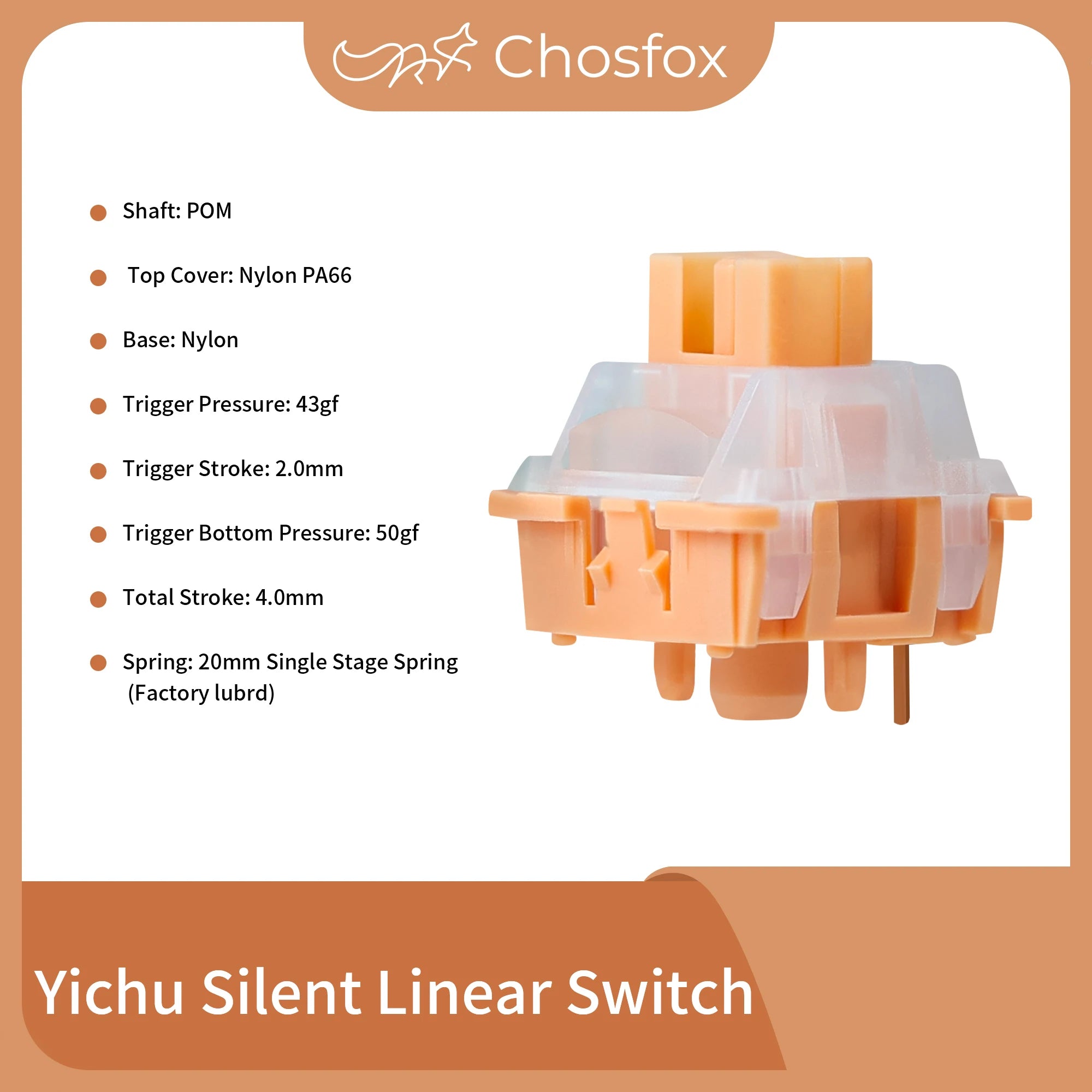 Chosfox Yichu Silent Linear Switch RGB Mechanical Keyboard Game Hostels Switch 5Pin Factory Lubed Hot Swap Custom MX Switch POM Qme