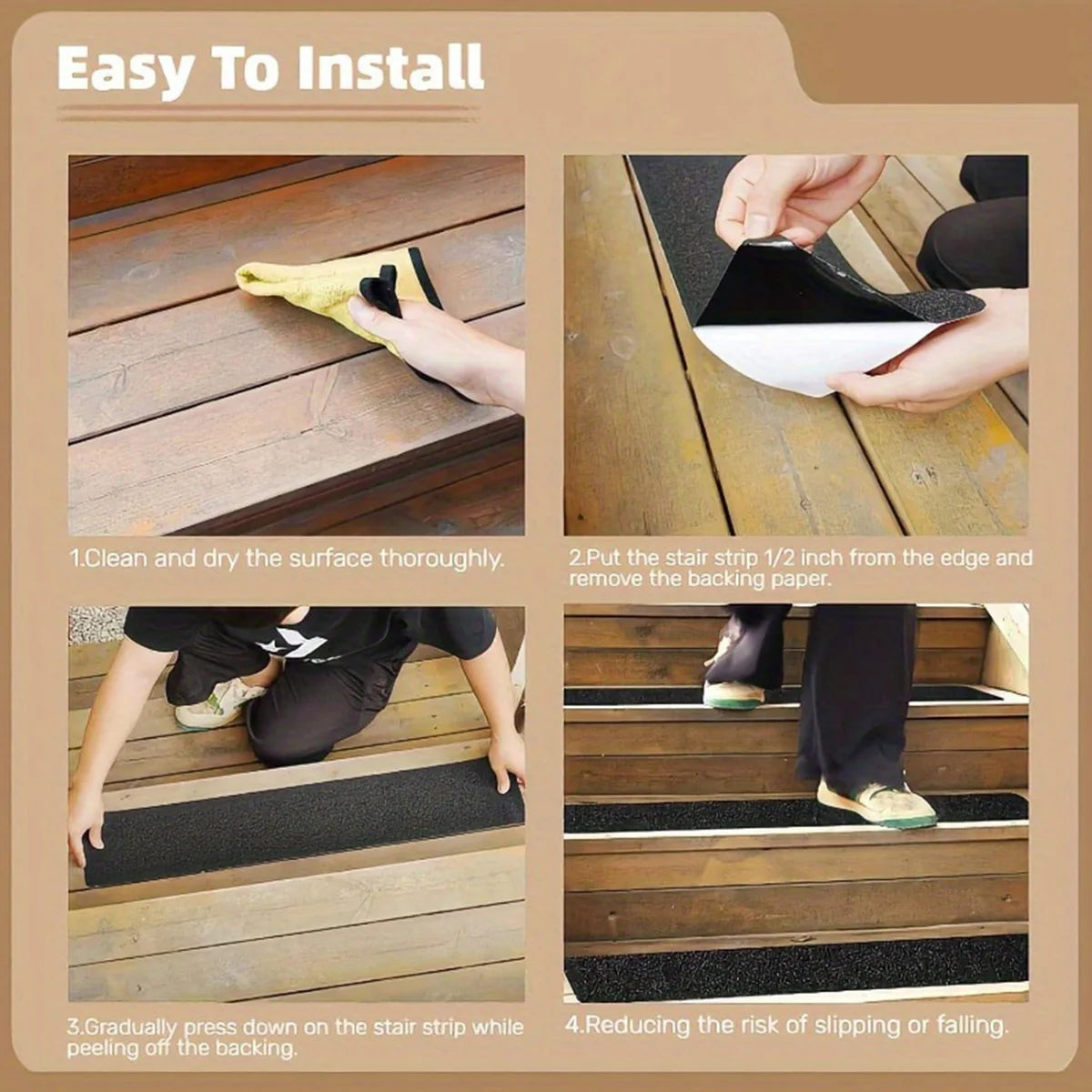 Non Slip Outdoor Stair Treads Black Pre-Cut Anti Slip Grip Tape Non Skid Heavy Duty Traction Adhesive Step Stripes Qme