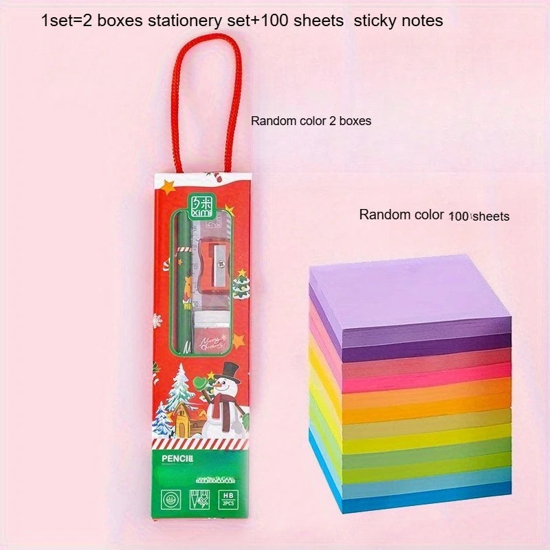 Learning Stationery Set, Birthday Gift 5-in-1 Pencil Set-Fluorescent Sticky Notes-Assorted Colors, Cute Office&School Memo Pads Qme 1set