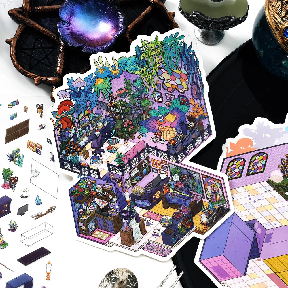 3 Sheets/Bag Fantasy House Miniature Scene Stickers PET+White Card 2.5D Stress Relief Game Stickers for DIY Craft, Birthday Gift Qme