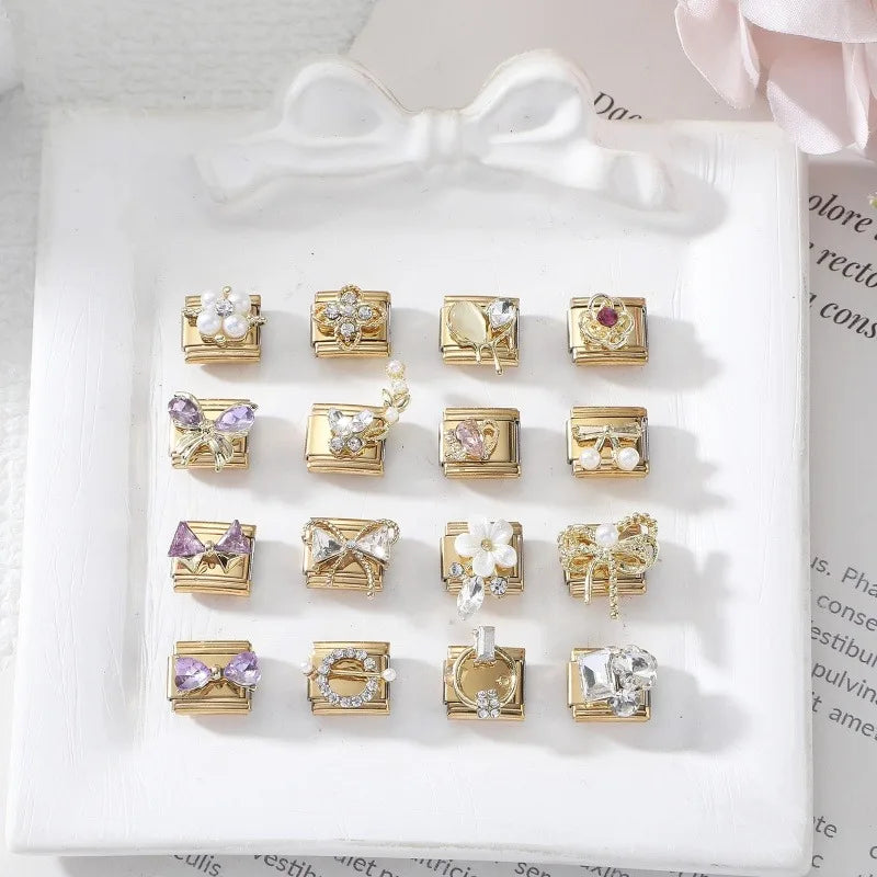 Premium Gold Color Zircon Bowknot Italian Charm Bracelet Stainless Steel Elastic Bracelet Link Bangle DIY Women Men Jewelry Gift Qme