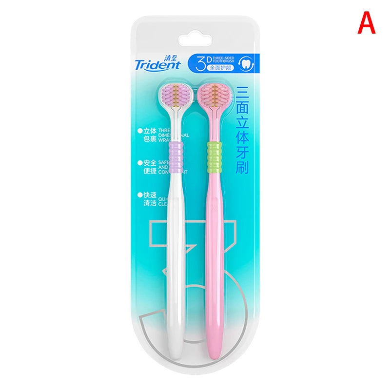Comfortable Household 3-Sided Toothbrush Soft Bristles Easy Use Deep Qme White and Pink