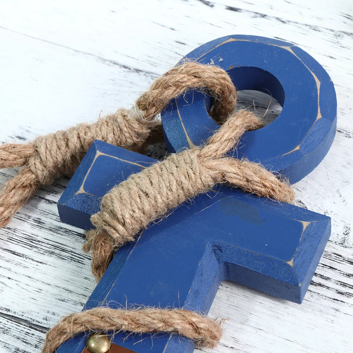 Nautical Anchor Wall Hanging Decor Blue Distressed Finish Wooden Rope Accent Mediterranean Style Ship Anchors Shaped Decor Qme