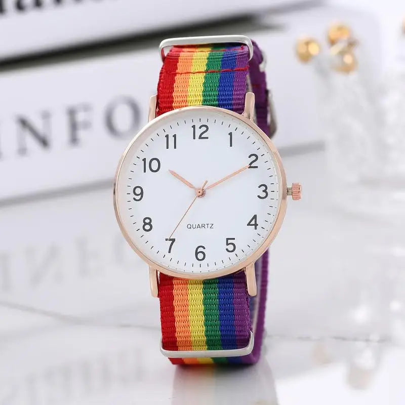Fashion Gay Hot New Watch Rainbow Color Ultra-thin Canvas Strap 12 Digital Pointer Classic Simple Casual Student Men's Watches Qme