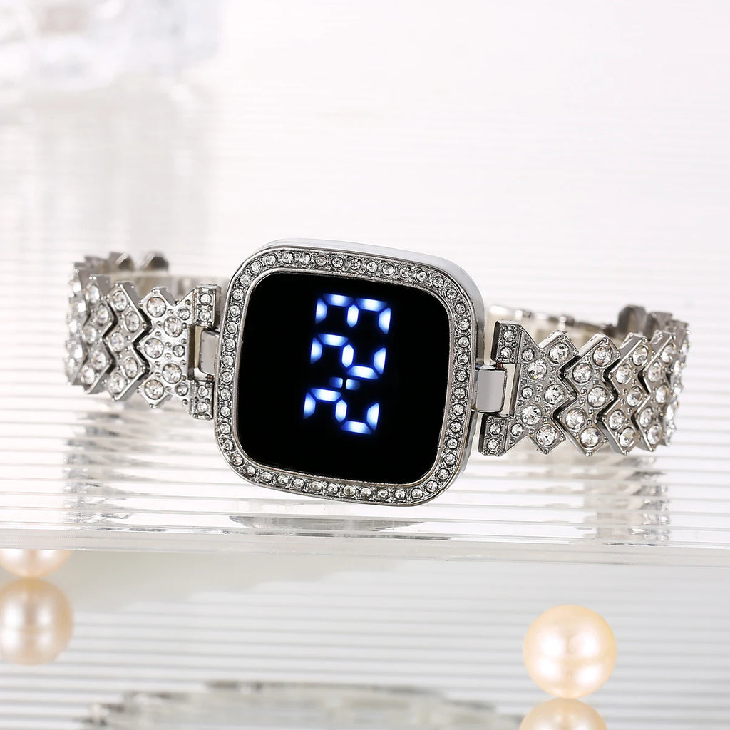 Small Fresh Square Ladies' Diamond Set Watch LED Alloy Touch Fashion Personalized Electronic Watch Qme silver