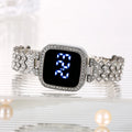 Small Fresh Square Ladies' Diamond Set Watch LED Alloy Touch Fashion Personalized Electronic Watch Qme silver