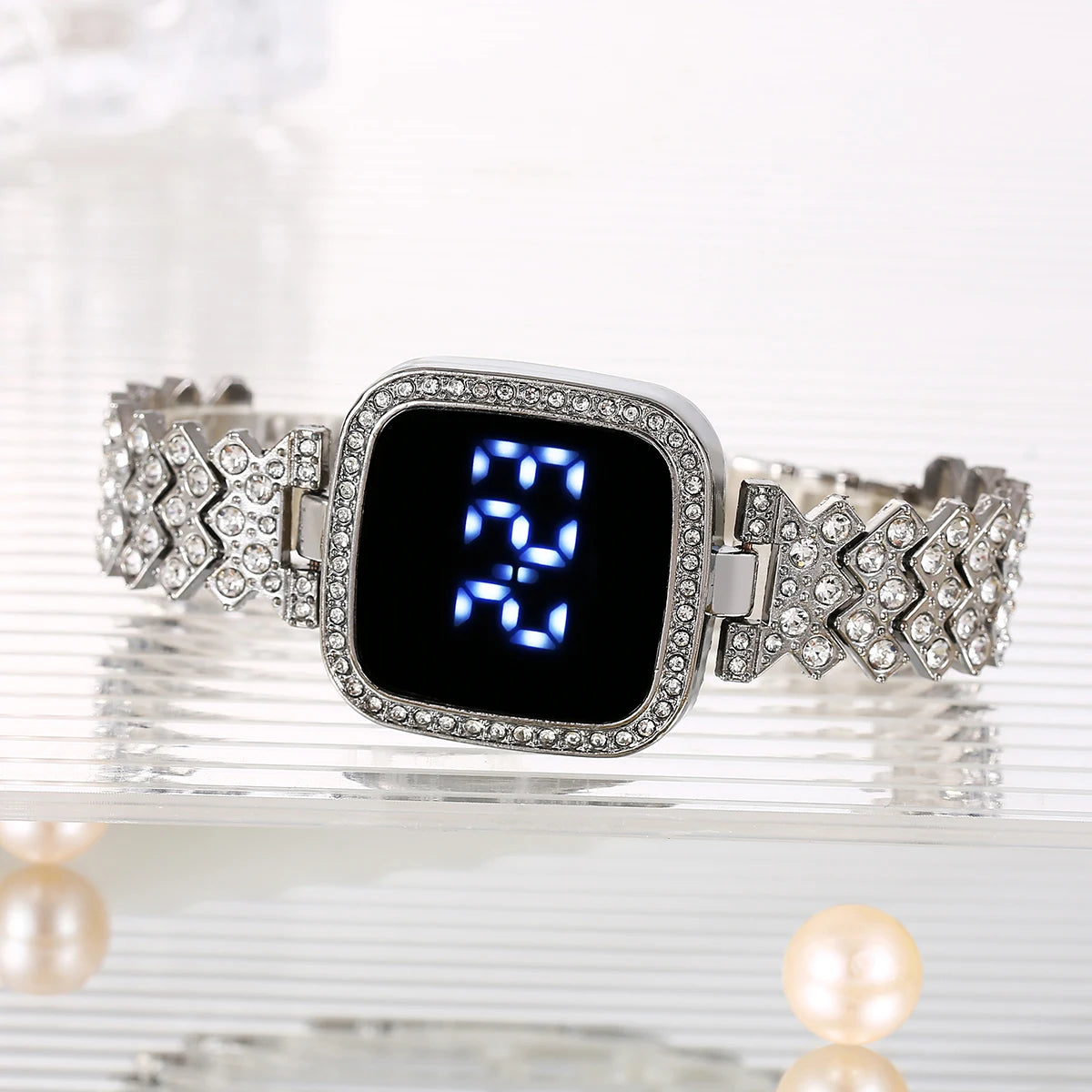 Small Fresh Square Ladies' Diamond Set Watch LED Alloy Touch Fashion Personalized Electronic Watch Qme silver