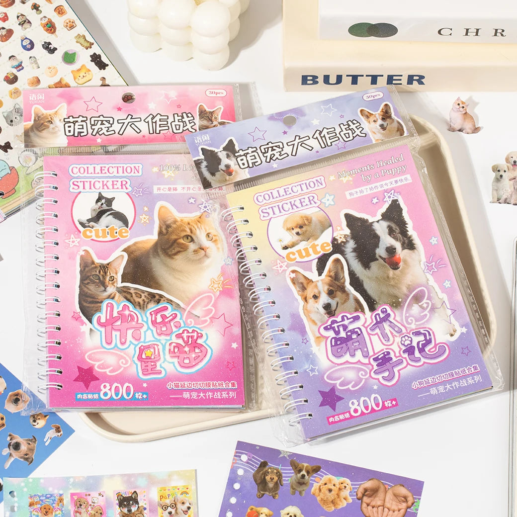 Cute Pets Theme Sticker Book 30 Sheets/Bag with Ring Binding for Scrapbooking DIY Collage Material Background Decoration Qme