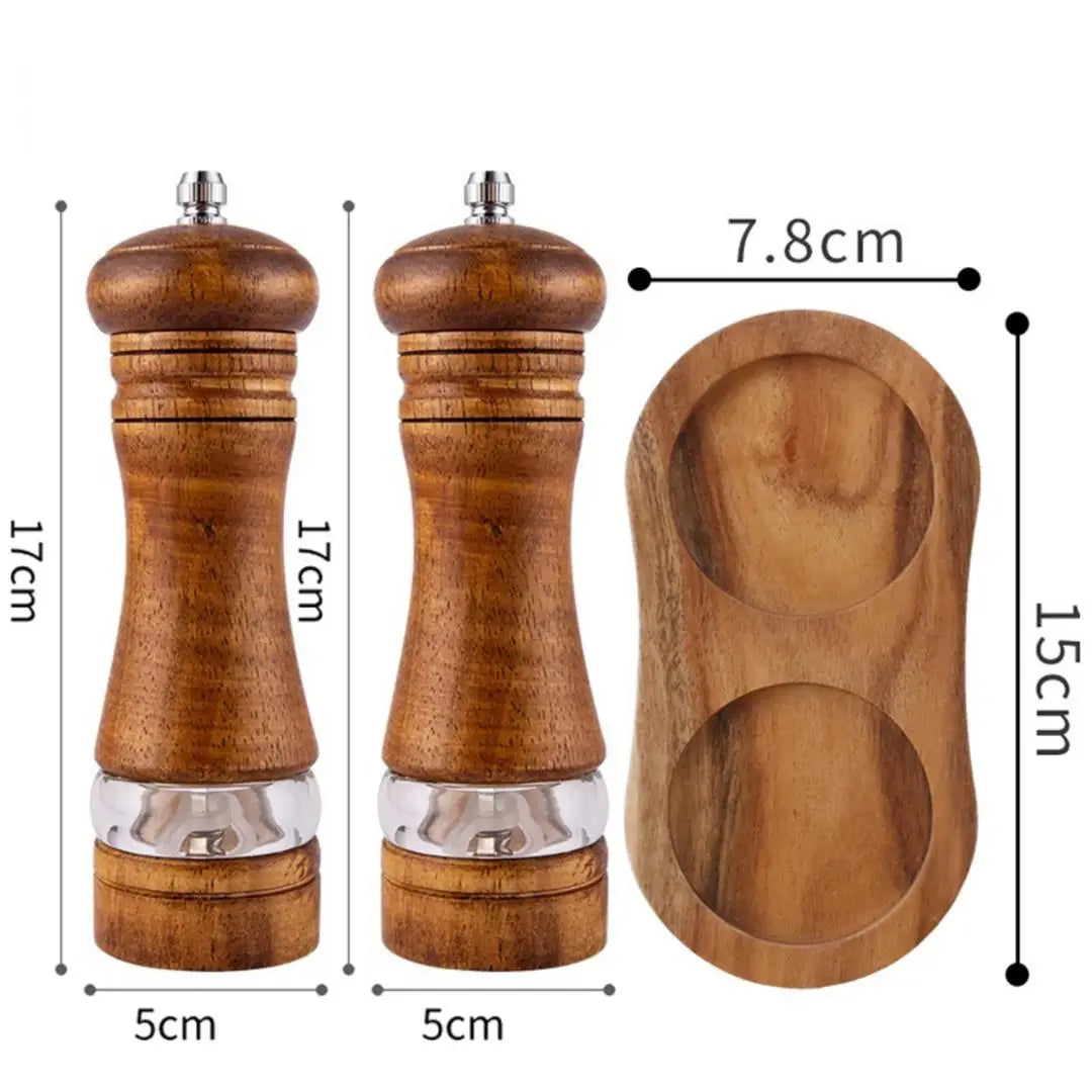 A 6 Inch Acrylic Pepper Mill Ceramic Core Grinder, Rubber Wood Double Hole Tray & Small Wood Spoon Spice Seasoning Set Qme 3pcs Grinding setB