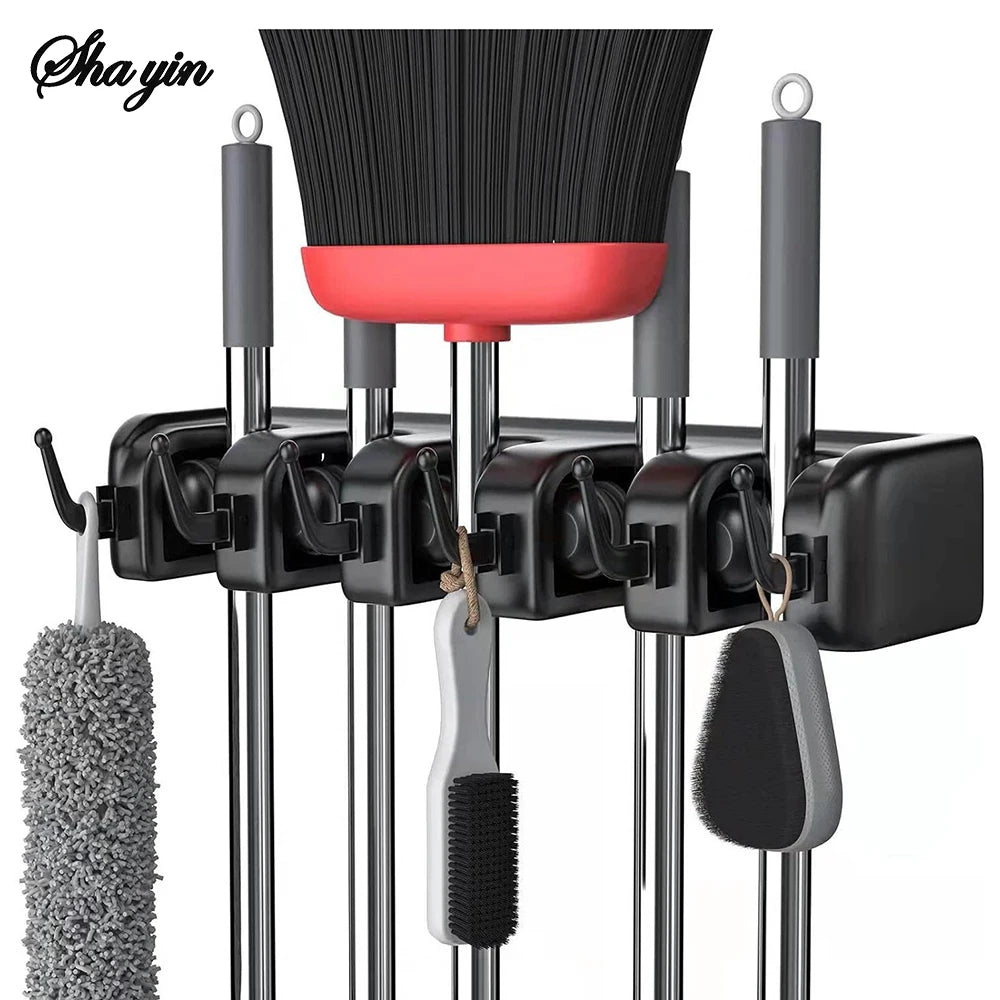 Wall Mounted Mop Holder 3/4 Position Multi-Functional Broom Pendant Shelf Home Kitchen Storage Black Magic Plastic Mop Holder ﻿ Qme
