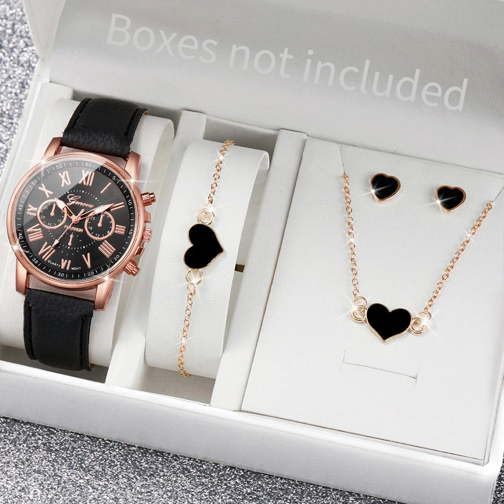 5Pcs Pink Heart Crystal Watch Jewelry Set Women Roman Dial Leather Chronograph Quartz Wristwatch Matching Heart Jewelry Gift Qme E Without Box