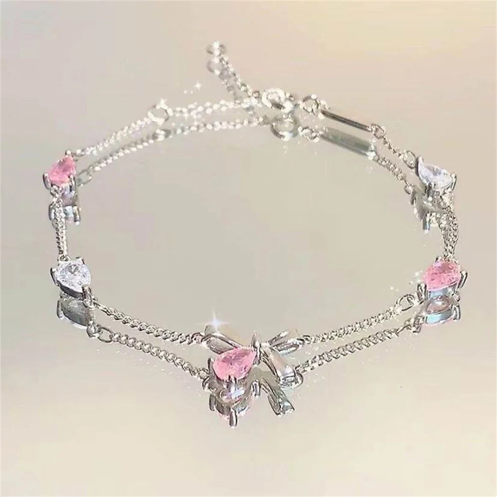 Elegant New Flowers Bracelet for Women Sweet Y2K Moon Cherry Blossom Bow Zircon Bracelets Luxury Designer Trend Daily Jewelry Qme Light Yellow Gold Color