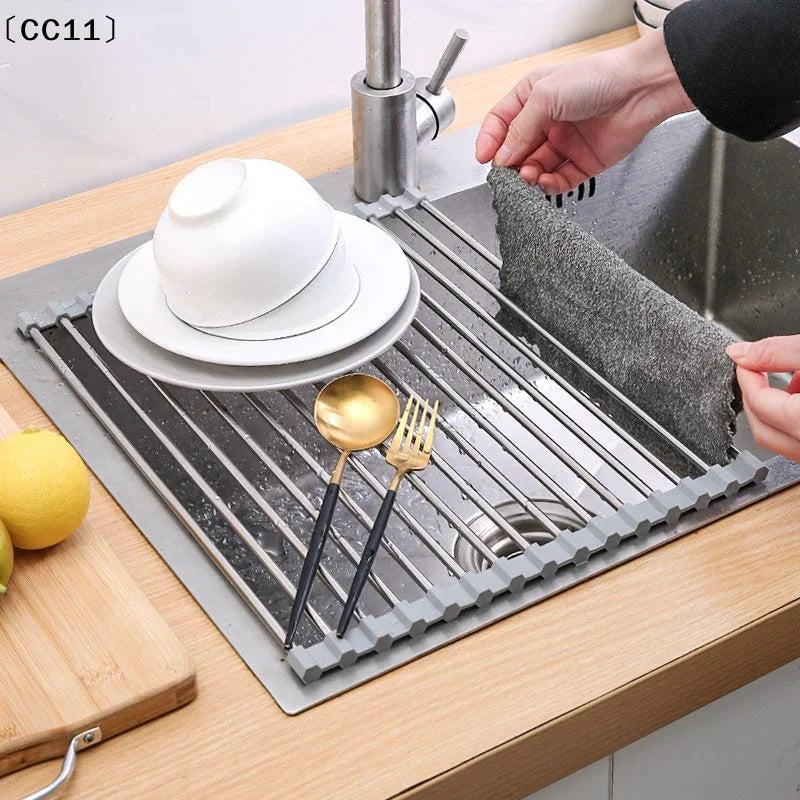 Rollable Foldable Stainless Steel Sink Drying Rack Kitchen Qme