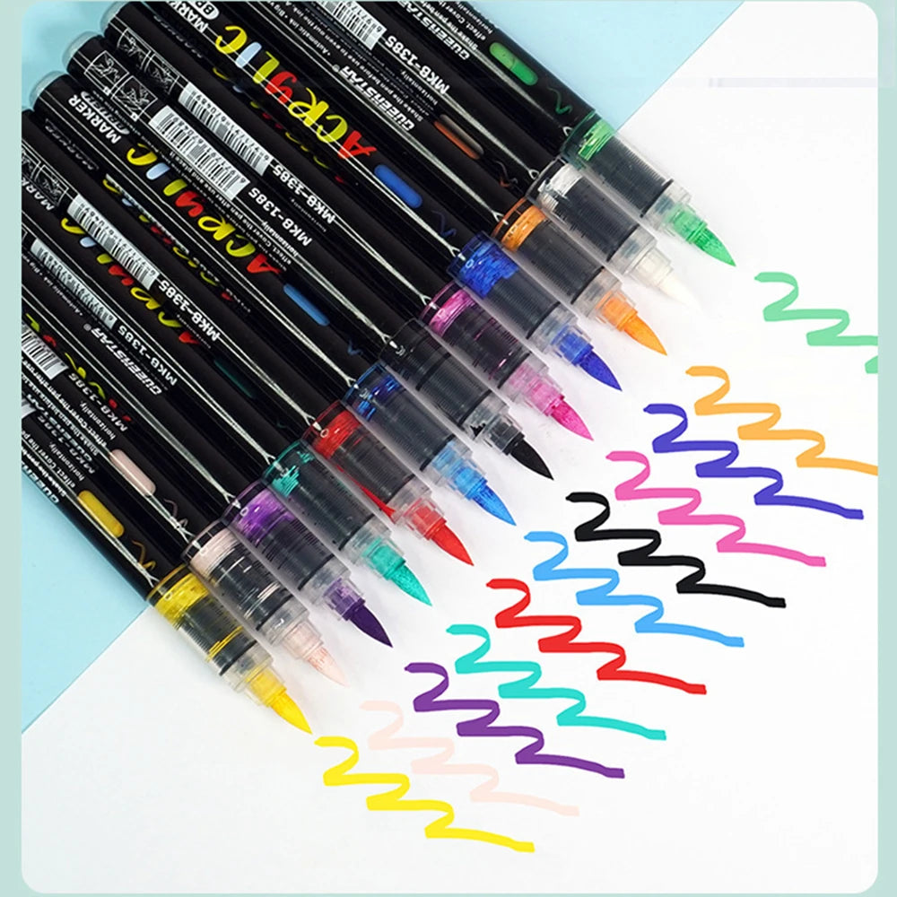 12/24/36/48 Colors Brush Tip Acrylic Paint Markers Non-toxic Quick Dry Art Pen for Fabric Wood Canvas Glass Rock DIY Craft Qme