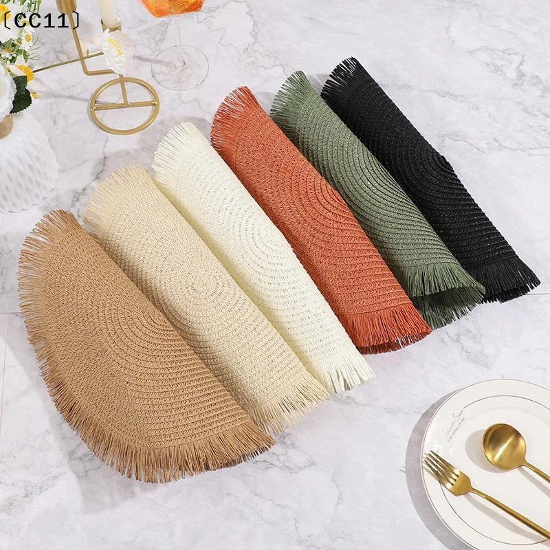 Woven Rattan Round Placemat Handmade Fringe Edge Heat Resistant Home Qme