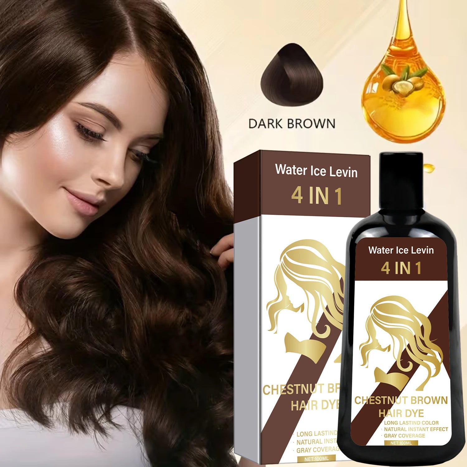 4-in-1 Chestnut Brown Hair Dye Shampoo for Long-Lasting Color & Natural Instant Gray Coverage, Ginger & Ginseng Enriched. Qme