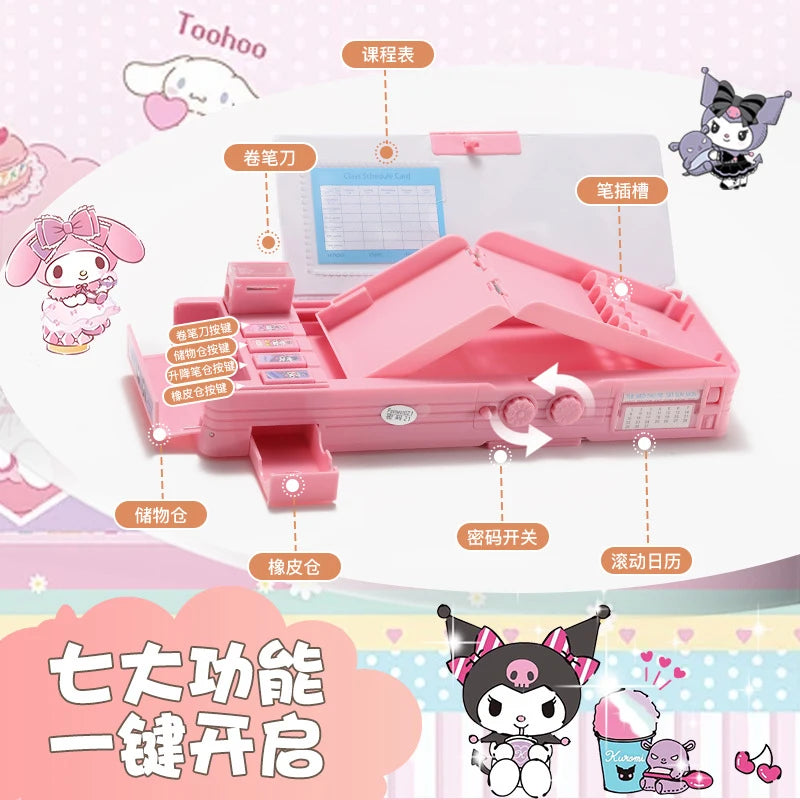 Hello Kitty Kuromi Cartoon Pencil Case With Combination Lock Multifunctional, Large-Capacity,Two-Tier Pencil Case for Students Qme
