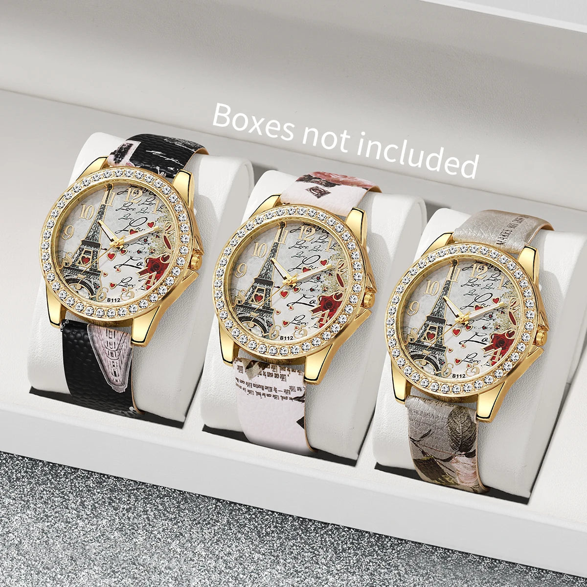 Sweet Dating Floral Print Leather Watch Set, 4-in-1 Marble Stone Charm Bracelets & Crystal Wristwatch Gift for Girls Qme 3PCS Without Box
