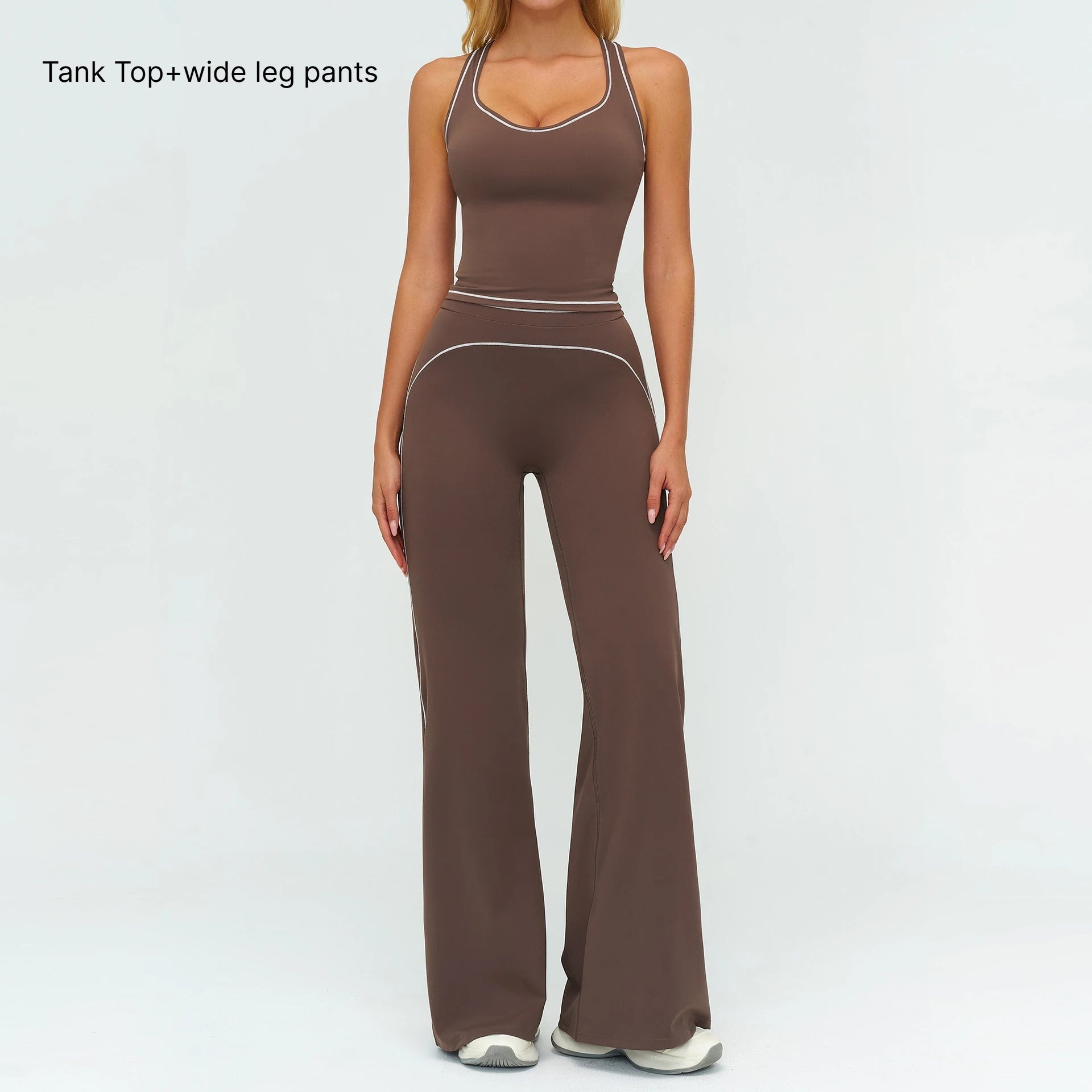 A 2PCS Yoga Set Gym Clothes Outdoor Sports Outfits Women Tracksuit Gym Fitness Suits Workout Flared Pants Sportswear Qme 2pcs brown M
