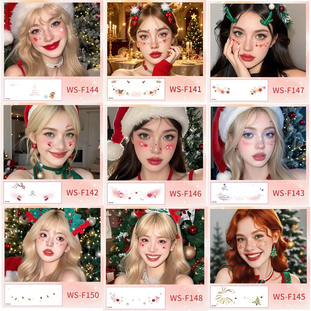 A New Stock Christmas Face Tattoo Stickers, Waterproof Sweatproof Creative Makeup Decals for Xmas Party Ball Event Cosplay Qme 9pcs WS-F141F148