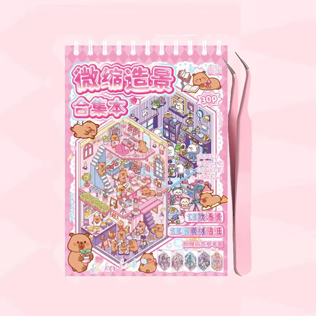 20-Sticker Cute Animal Miniature Scenery Spiral Book, 10 Different Scenes, Stress-Relief Scenery Sticker Album Qme B