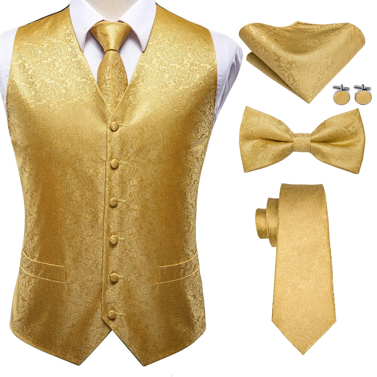 Luxury Gold Mens Suit Vest Red Blue Green Yellow Waistcoat Tie Bowtie Qme