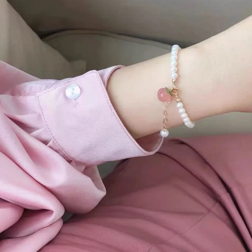 New Fu Word Honey Peach Pendant Pearl Bracelet for Women Natural Pearl Lucky Bracelet Jewelry Girl Daughter Fashion Gift Qme