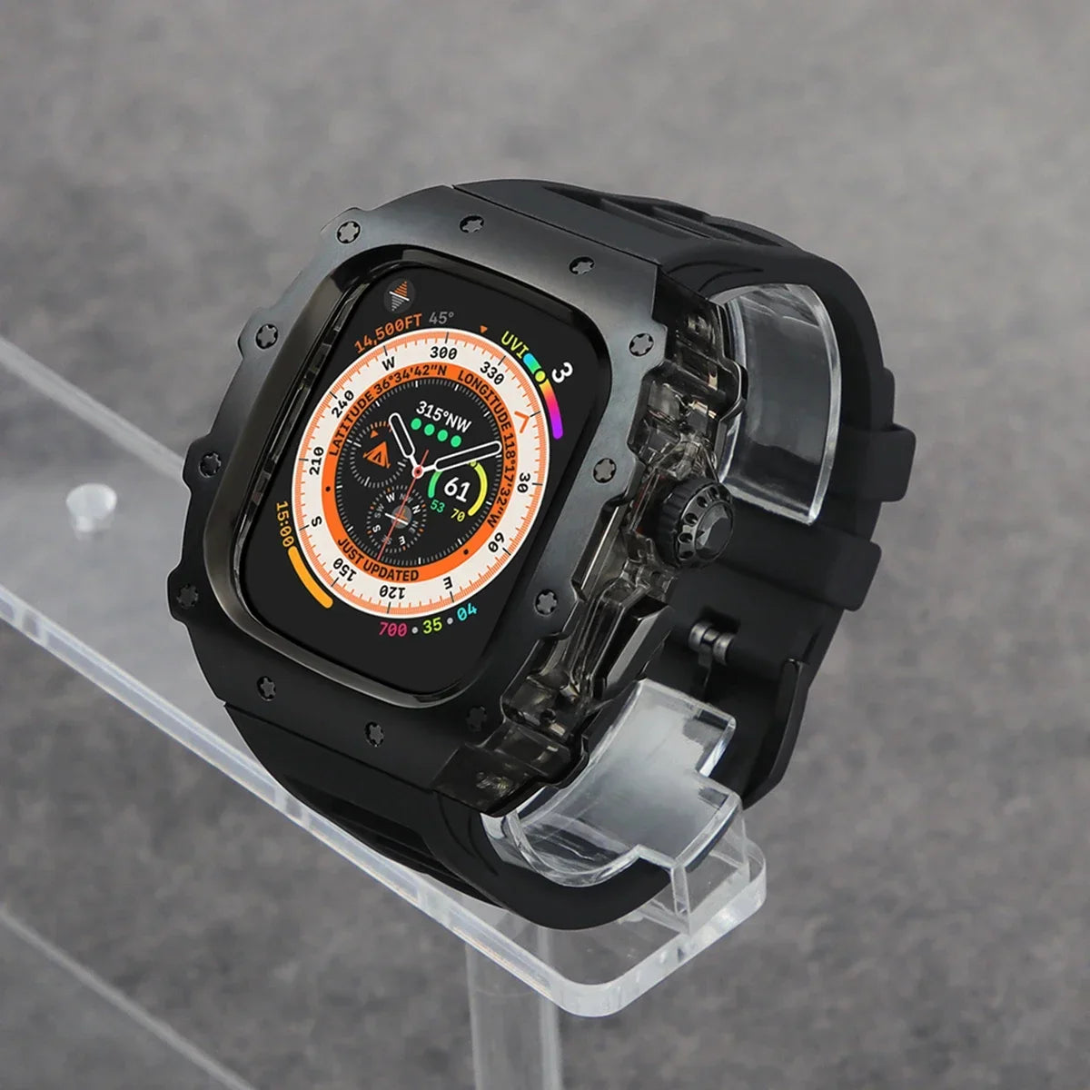 Luxury Modification Kit For Apple Watch Ultra 2 49mm Stainless Steel Case For IWatch 9 8 7 6 45mm 44mm Crystal Button Sport Band Qme Black-B 44mm-Series 6 5 4 SE