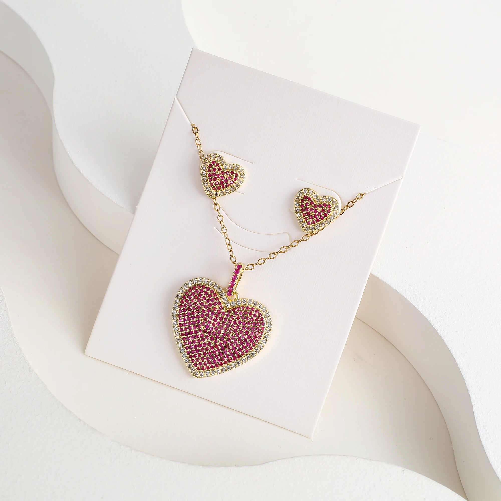 Luxury Cubic Zirconia Heart Shape Necklace Earrings Jewelry Set Classic for Women Girls Fashion Party Wedding Jewelry Wholesale Qme Red