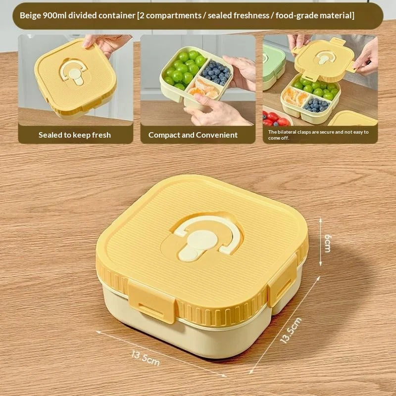 Portable Plastic Lunch Box Compartment Microwave Safe Fruit Salad Qme Double grid Yellow