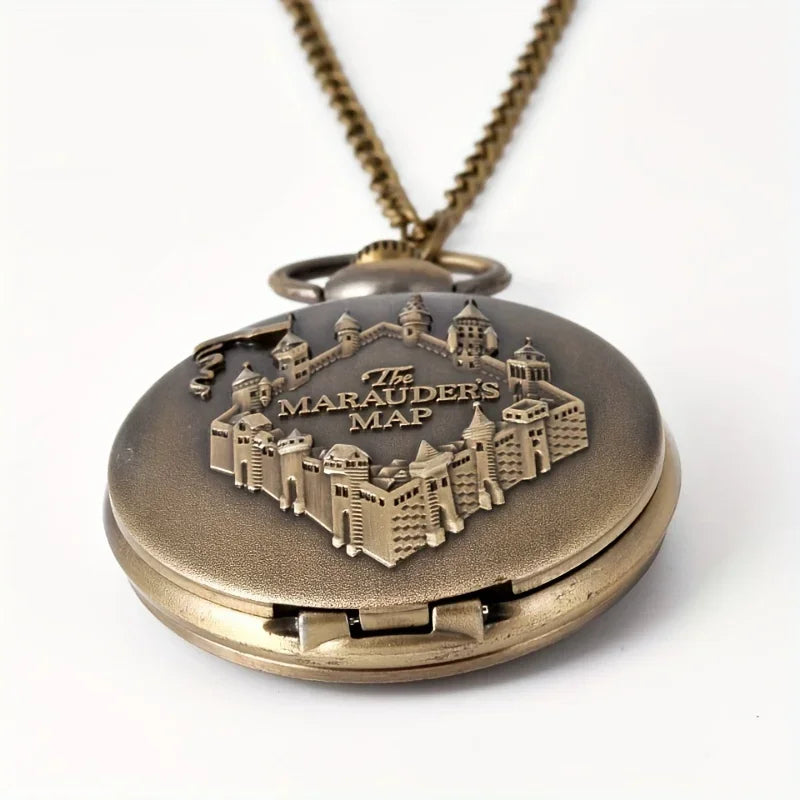 Vintage Castle Embossed Marauder Map Pocket Watch with Bronze Chain - A Timeless Accessory! Qme