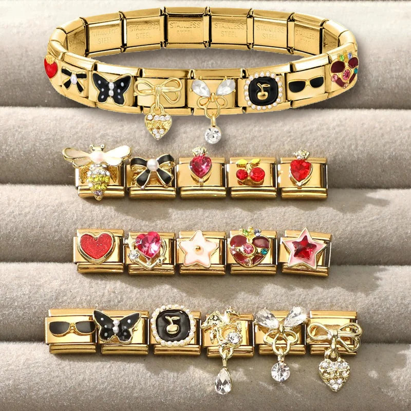 Golden Series Black Bows Butterfly Red Star Cherry Heart Italian Charm Links Stainless Steel Fit 9mm Bracelet Making DIY Jewelry Qme