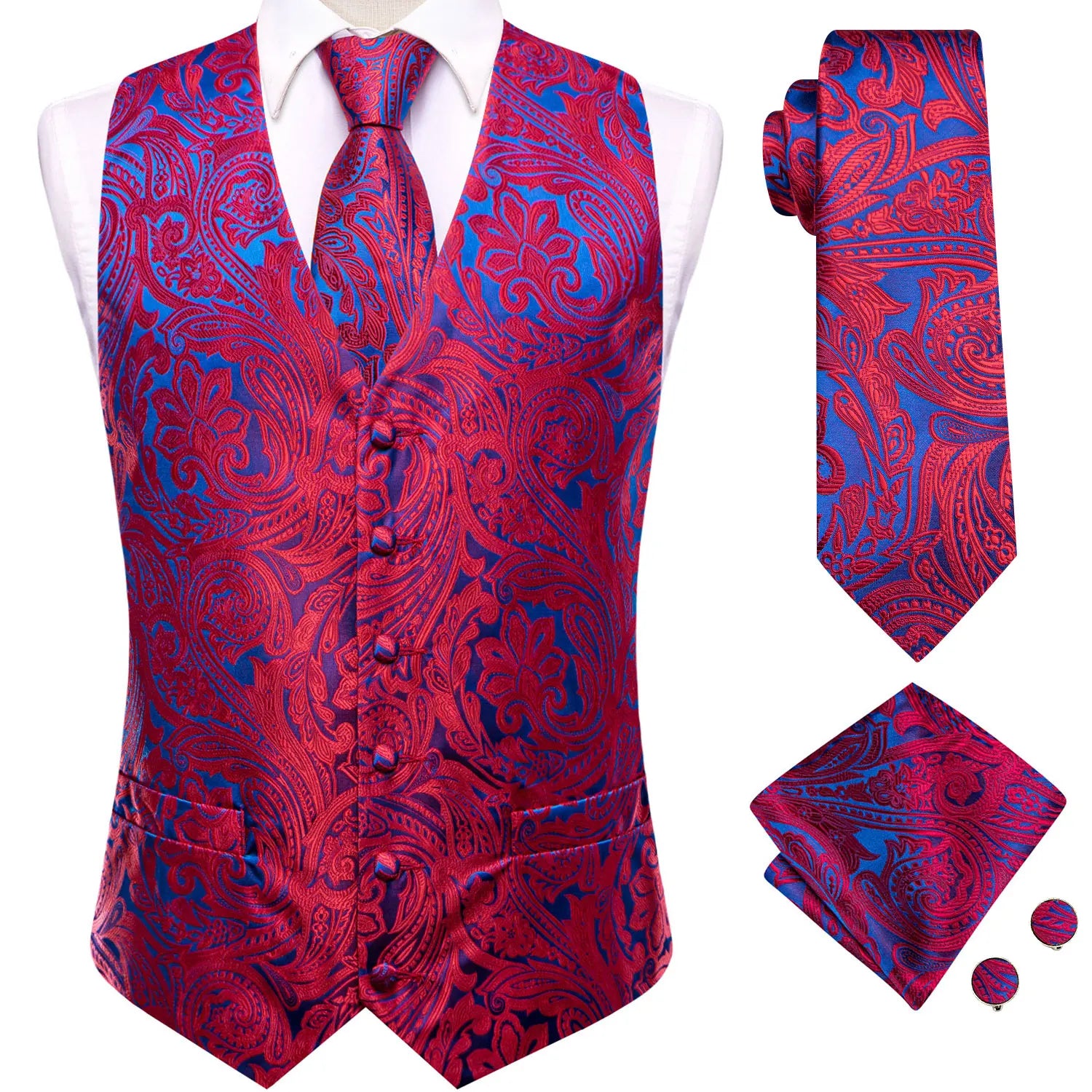 Hi-Tie Sage Mens Suit Red Paisley Vests 4PC Woven Waistcoat Tie Pocket Square Cufflinks Business Wedding Dress Waist Jacket Qme HT-MJ-0077 S