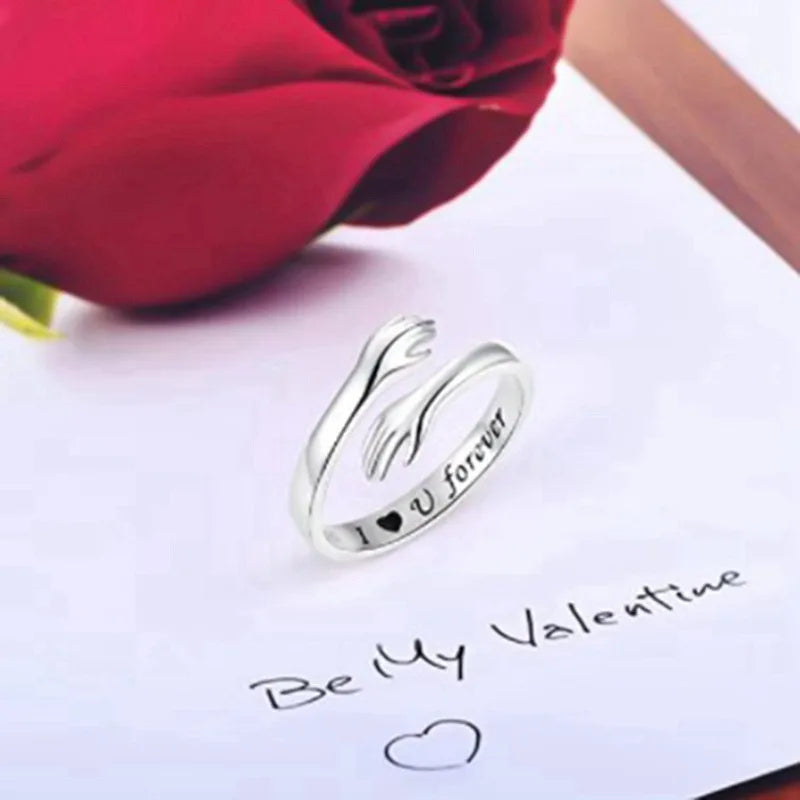 Lettering silver Color Warmly Embraced Love Hug Open Ring For Women Cute Creative Hands Embracing Adjustable Rings Jewelry Qme