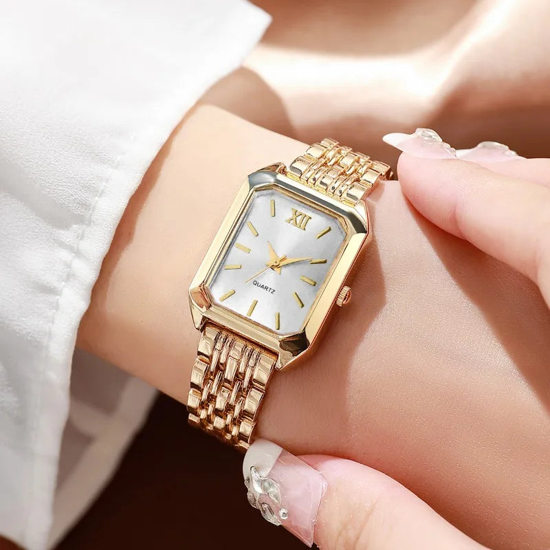 5PCS/Set Elegant Rectangle Women Watches Fashion Roma Dial Ladies Quartz Wristwatch Rhinestone Jewelry Set（Without Box） Qme