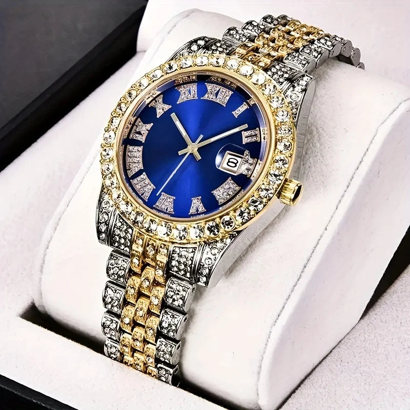 Mens Hip Hop Watch VintagInspired Retro Quartz Timepiece with Oversized Rhinestone Dial and Durable Stainless Steel Band for Men Qme