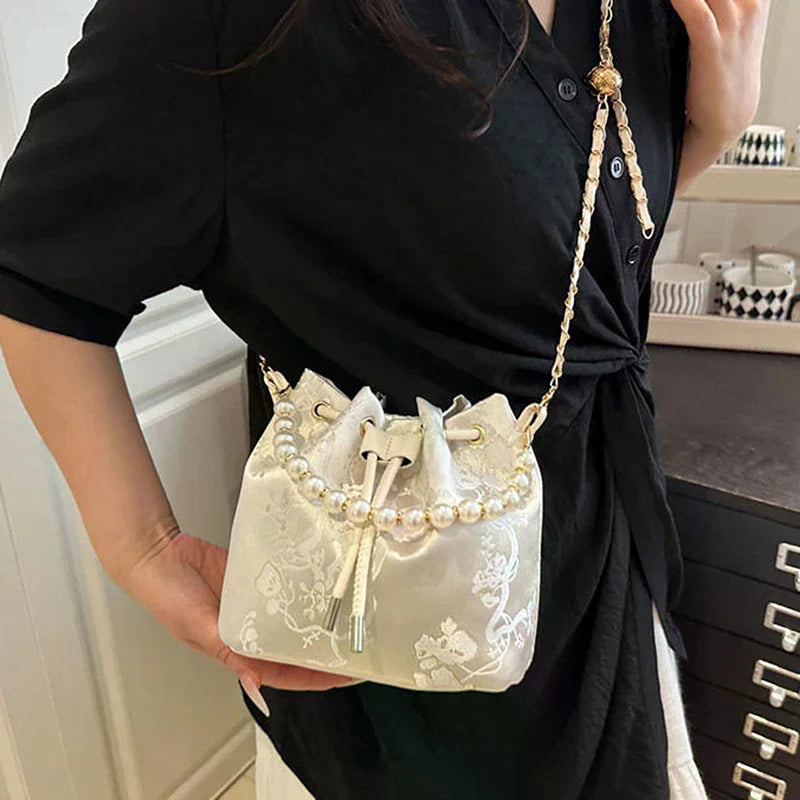Pearl Chain Bucket Bag Women's Shoulder Bag Simple New Chinese Style Retro Crossbody Bag Qme