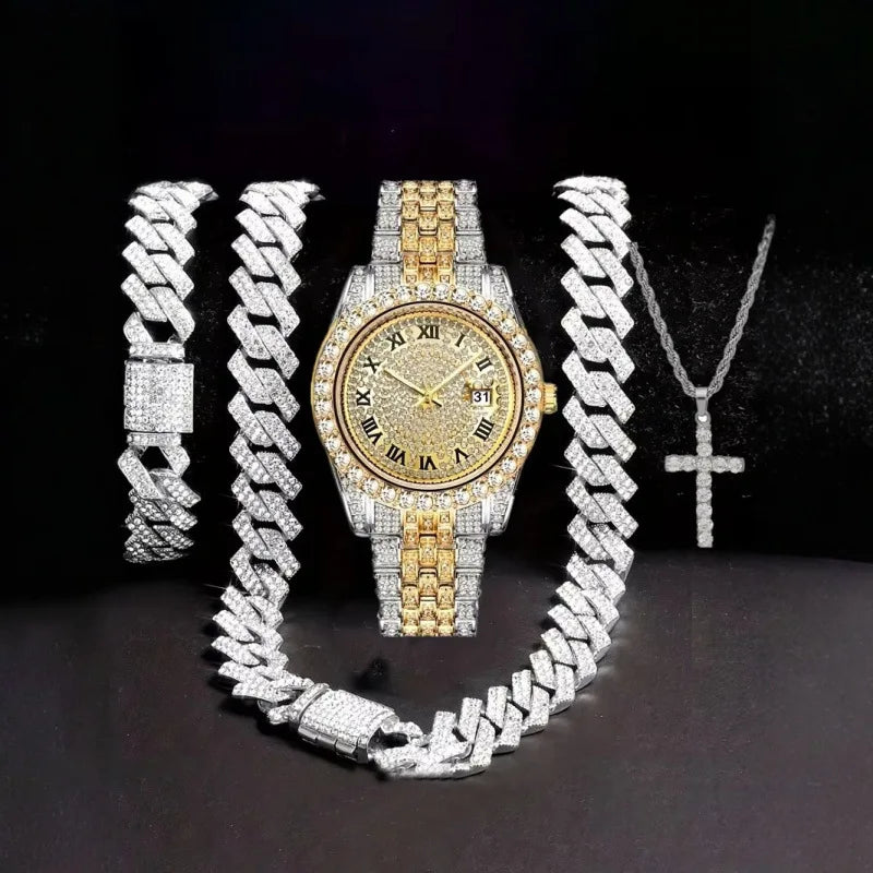 Hip hop watch+bracelet, strap, necklace set, diamond studded hip hop watch set, WATCH large dial Qme