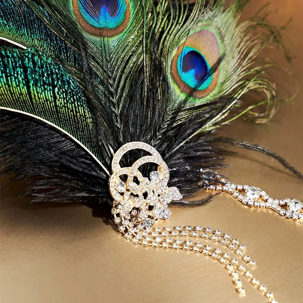 Retro Vintage Feather Headband Sequin Zircon Masquerade Hair Band Tassel Makeup Party 1920s Hair Accessories Bridal Headdress Qme