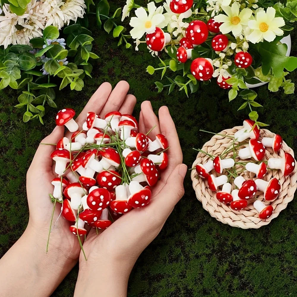 50pcs Mini Mushroom Miniature Model Artificial Garden Fairy Bonsai Flower Pot Decoration Home DIY Miniature Landscape Decoration Qme
