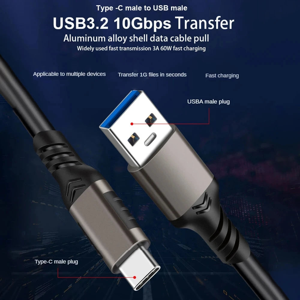 10Gbps 60W USB-A 3.2 Gen2 to USB-C Cable USB 3.0/3.1/3.2 Cable USB A to USB Type C Data Transfer SSD Hard Disk Cable 3A QC 3.0 Qme
