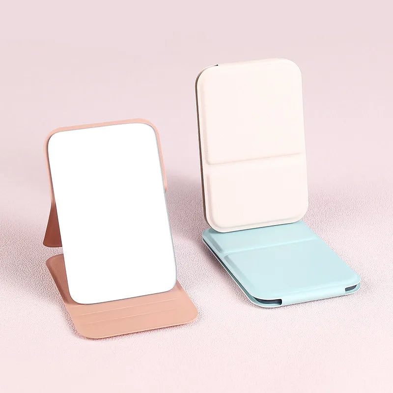 Desktop Makeup Mirror Solid PU Leather Simple Portable Handheld Qme