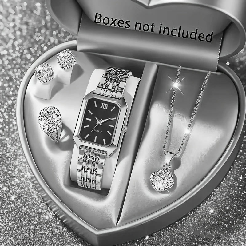 5PCS/Set Elegant Rectangle Women Watches Fashion Roma Dial Ladies Quartz Wristwatch Rhinestone Jewelry Set（Without Box） Qme Silver Black No Box