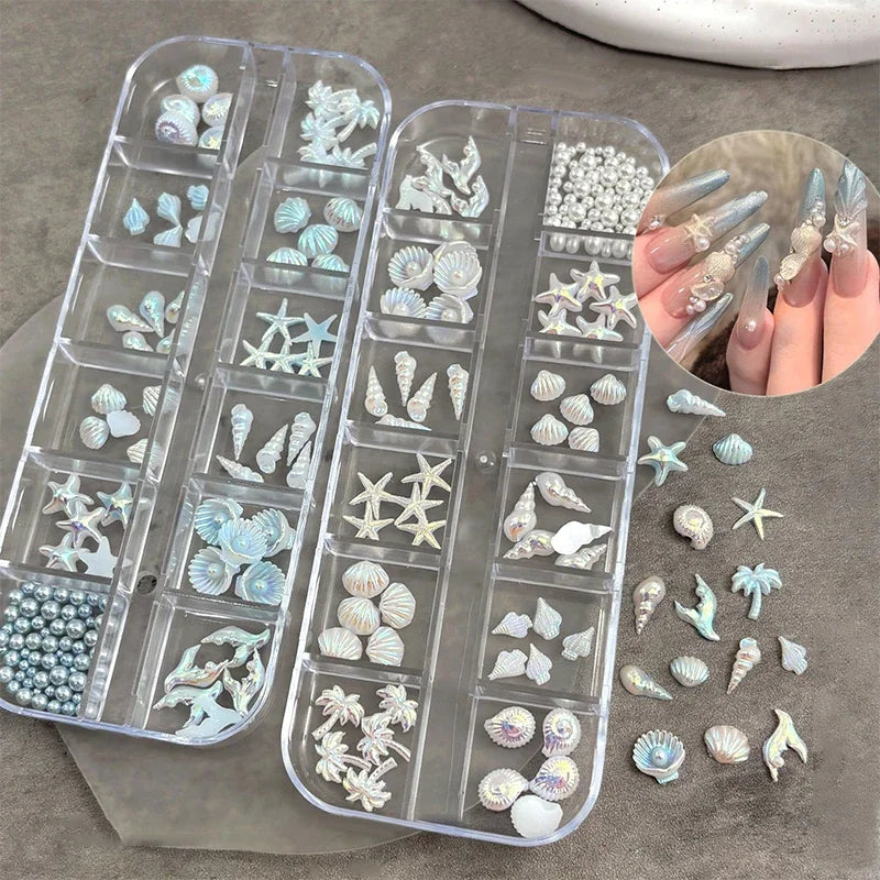 12 Grids Box Aurora Nail Charm Shell Starfish Mermaid Tail 3d Art Qme