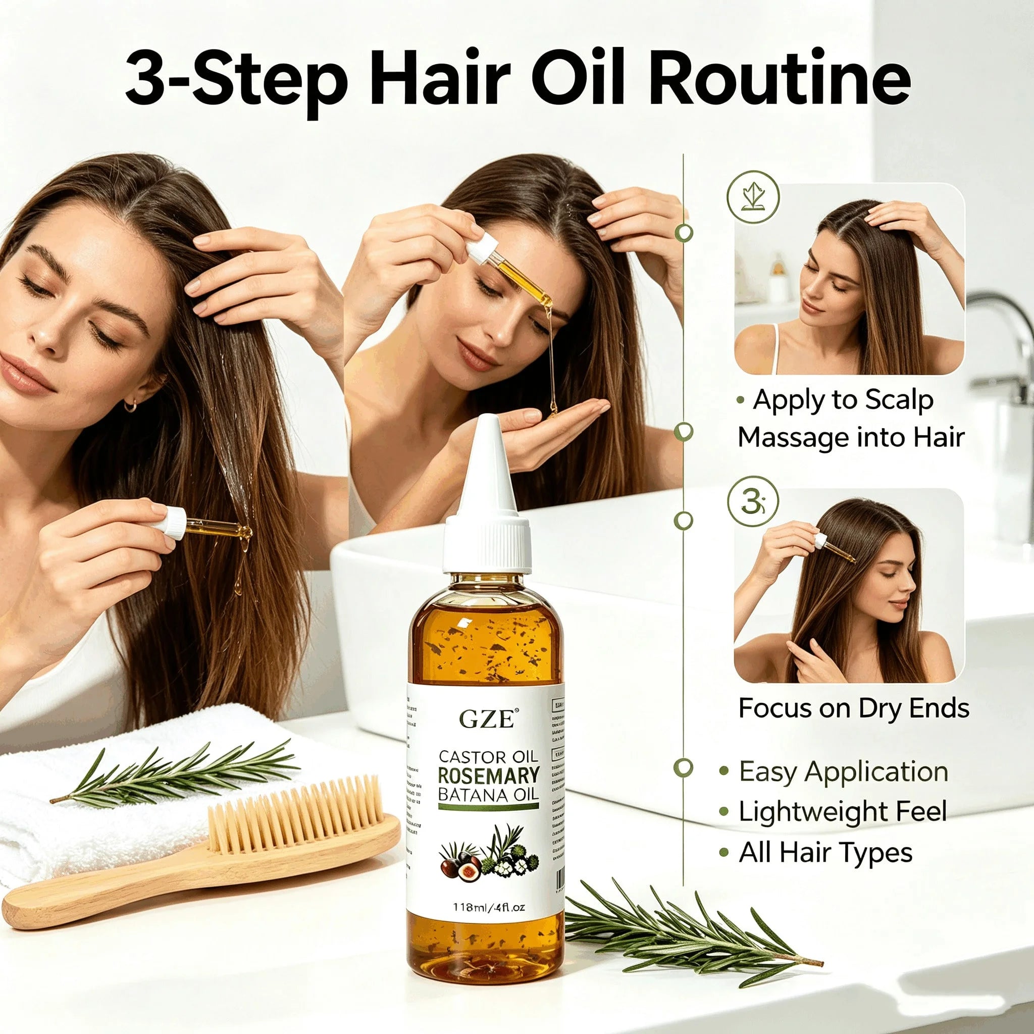 GZE Castor Rosemary Batana Hair Oil with Dried Herb Petals, Nourish Scalp, Strengthen Thin Hair, Repair Dry Frizzy Hair Qme
