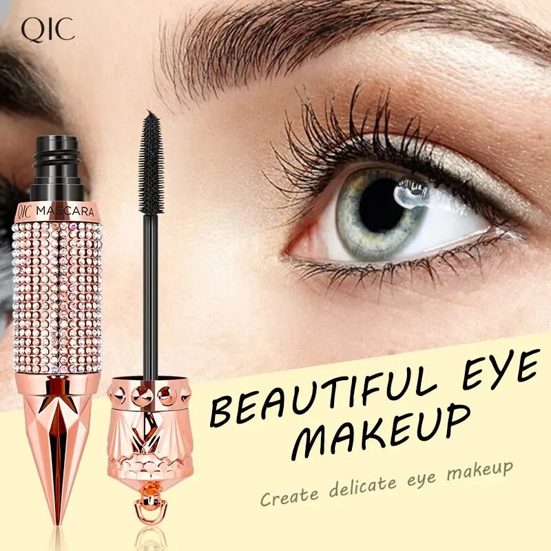 Mascara Waterproof Smudge Proof Elongate Eyelashes Makeup Tool, Natural Thick Curling, Rhinestone Decorative Shell Qme