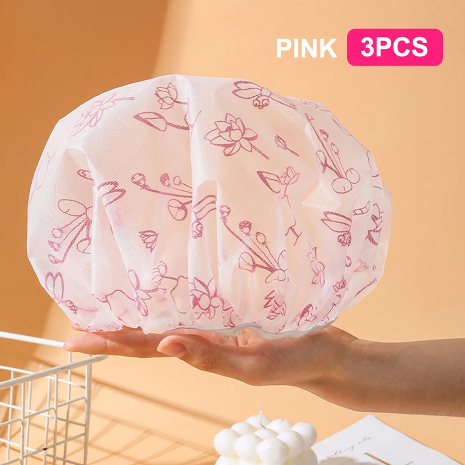 Reusable Shower Cap Elastic Band Waterproof Thicken Bathing Hat Women Qme Pink