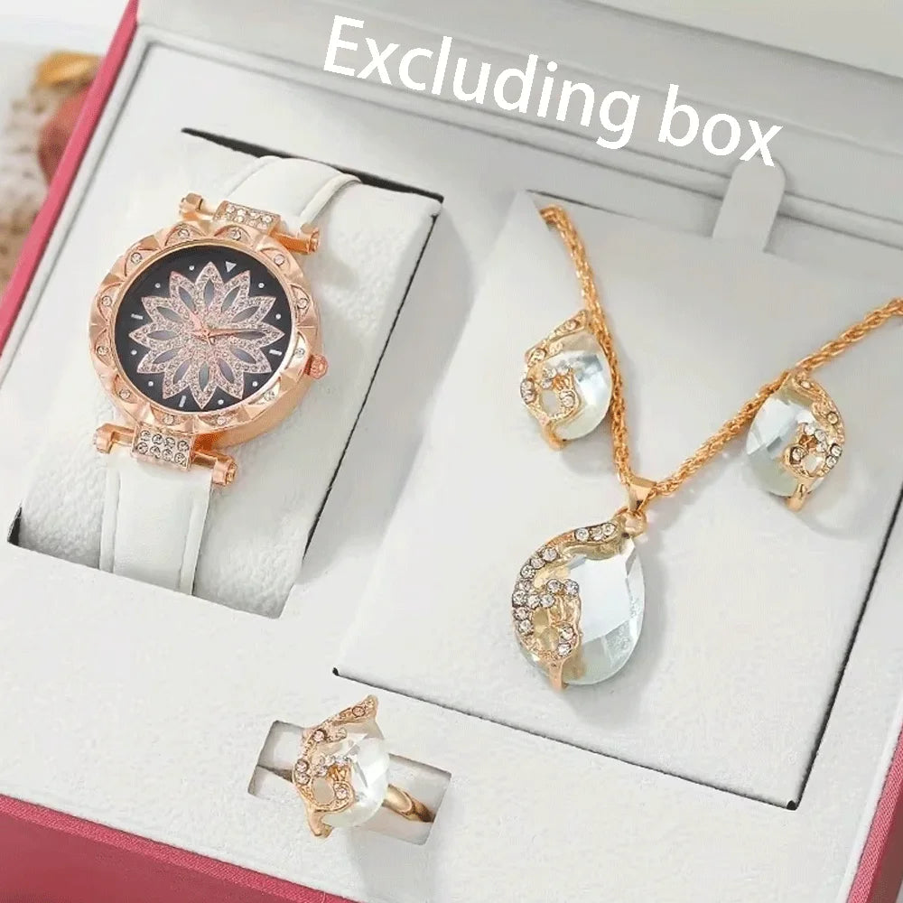 5Pcs/Set Watches Jewelry Set 1 Pcs Of Round Hand Quartz Watch And 4 Pcs Of Jewelry Fancy Women Watches Jewelry Sophisticated Qme WHITE No