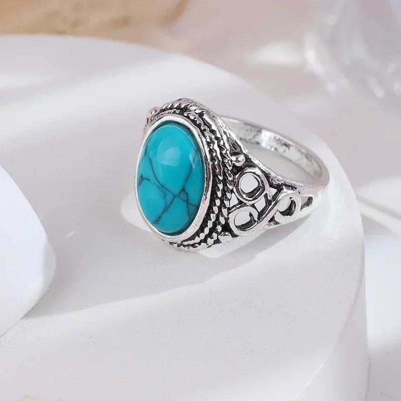 Fashion Retro Elegant Ring Natural Turquoise Wedding Engagement Qme